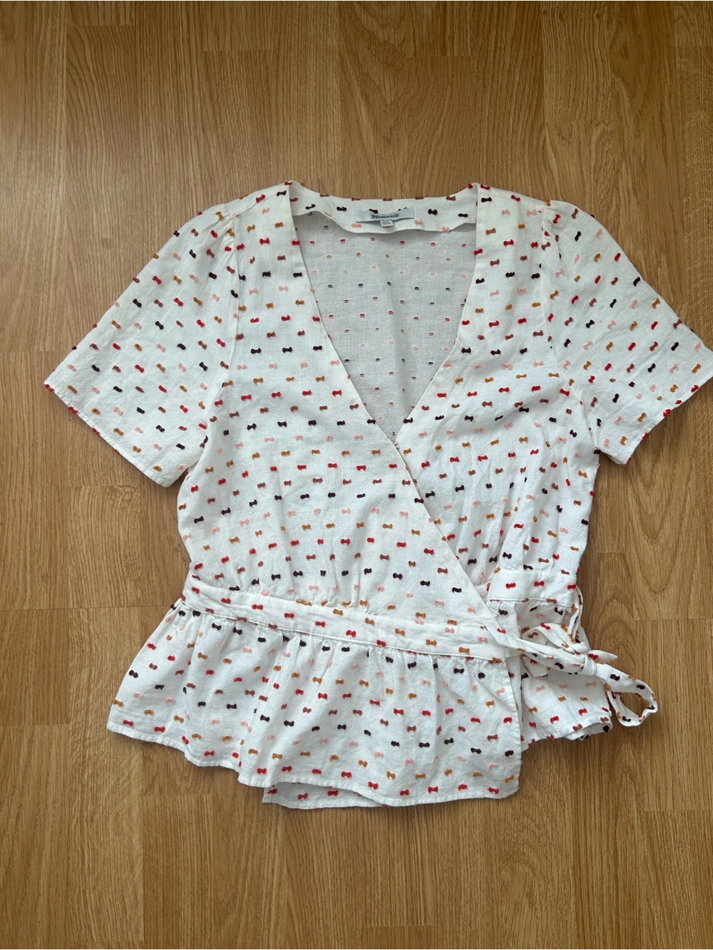 Madewell Clip Dot Wrap Top Multicolor Bow Print Peplum Blouse XXS Oversized